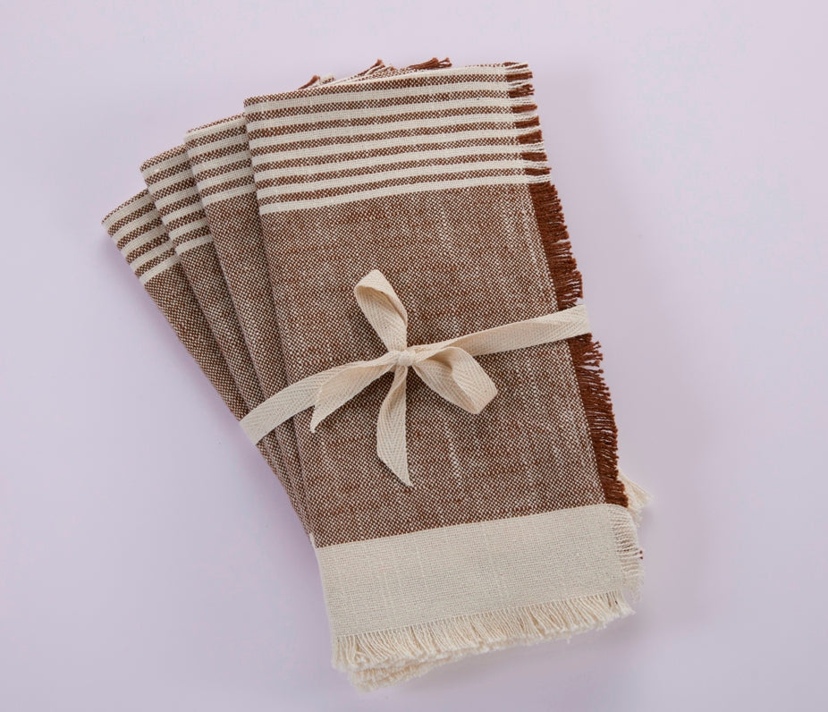 Cuisine Stripe Dinner Napkins - Set Of 4- 100% Cotton - Mocha